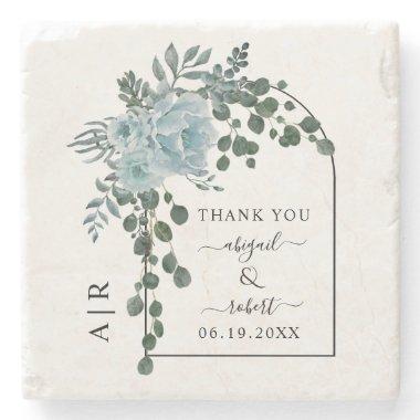 Dusty blue flowers, arch and monogram wedding stone coaster