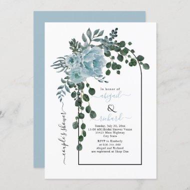 Dusty blue flowers arch wedding couples shower Invitations
