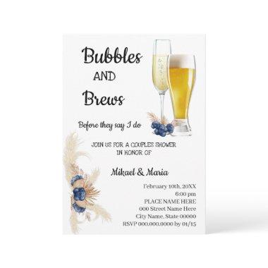 Dusty Blue Flowers Bubble & Brews Couples Shower Invitations