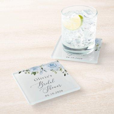 Dusty Blue Flowers, Greenery, Boho,  Glass Coaster