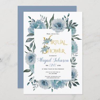 Dusty blue flowers virtual baby or bridal shower Invitations