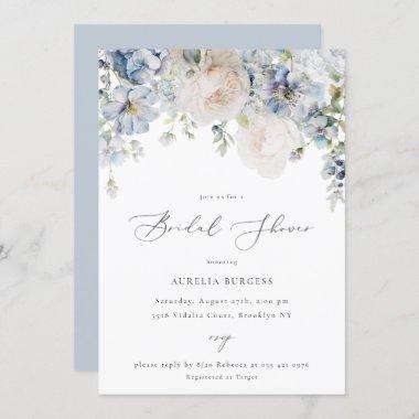 Dusty Blue Garden Floral Bridal Shower Invitations