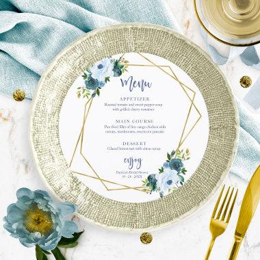 Dusty Blue Gold Floral Bridal Shower Round Menu Invitations