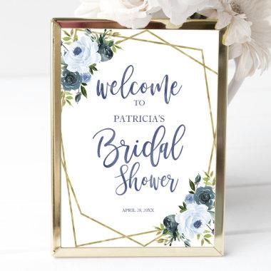 Dusty Blue Gold Floral Bridal Shower Welcome Poster