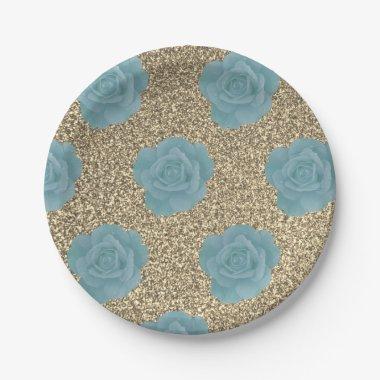 Dusty Blue Gold Glitter Rose  Wedding Paper Plates