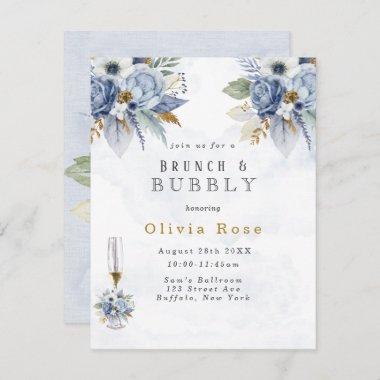 Dusty Blue Gold Peony Chic Brunch & Bubbly Invitations
