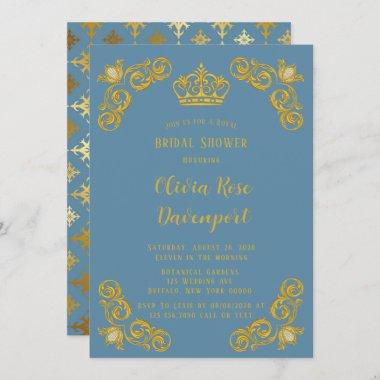 Dusty Blue & Gold Royal Crown Damask Bridal Shower Invitations