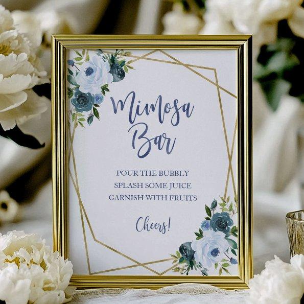 Dusty Blue Gold Watercolor Floral Mimosa Bar Sign