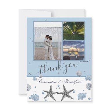 Dusty Blue Gray Starfish Shells 3 photo collage Thank You Invitations