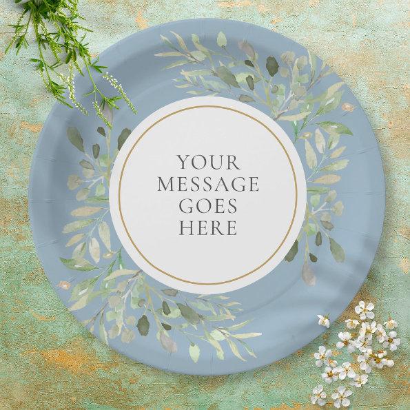 Dusty Blue Greenery Leaves Watercolor Celebration Paper Plates