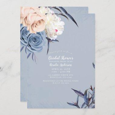 Dusty Blue Grey & Peach Floral Bridal Shower Invitations