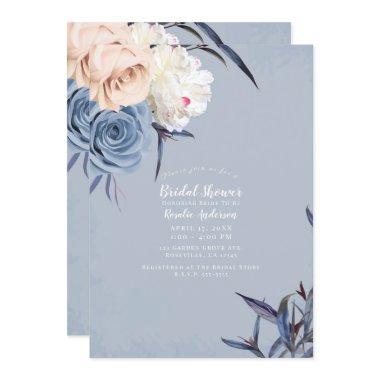 Dusty Blue Grey & Peach Floral Bridal Shower Invitations