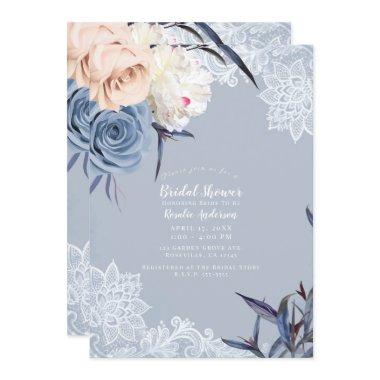 Dusty Blue Grey & Peach Floral Lace Bridal Shower Invitations