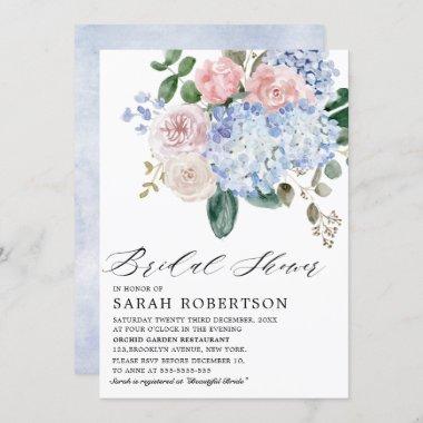 Dusty blue hydrangeas pink roses Bridal Shower Invitations