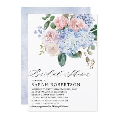 Dusty blue hydrangeas pink roses