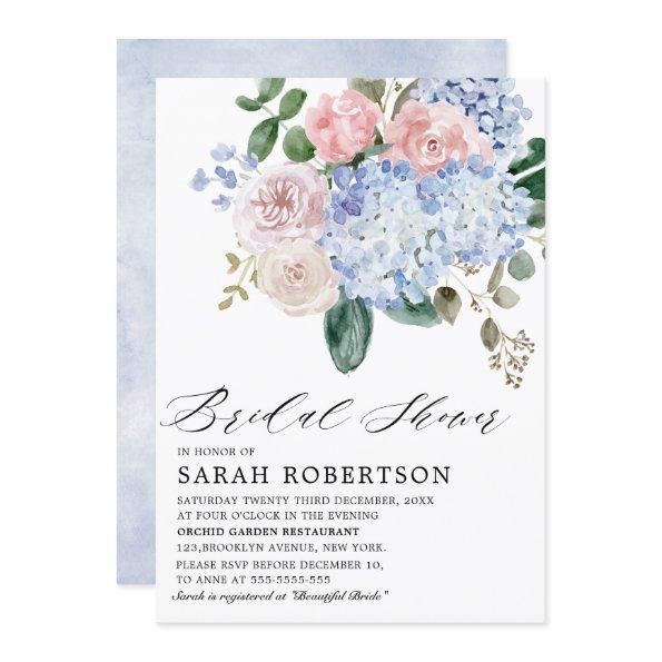 Dusty blue hydrangeas pink roses