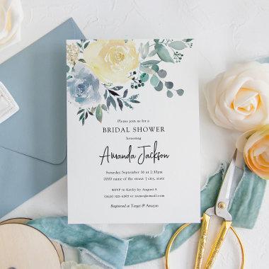Dusty Blue Ivory Floral Greenery Bridal Shower Invitations