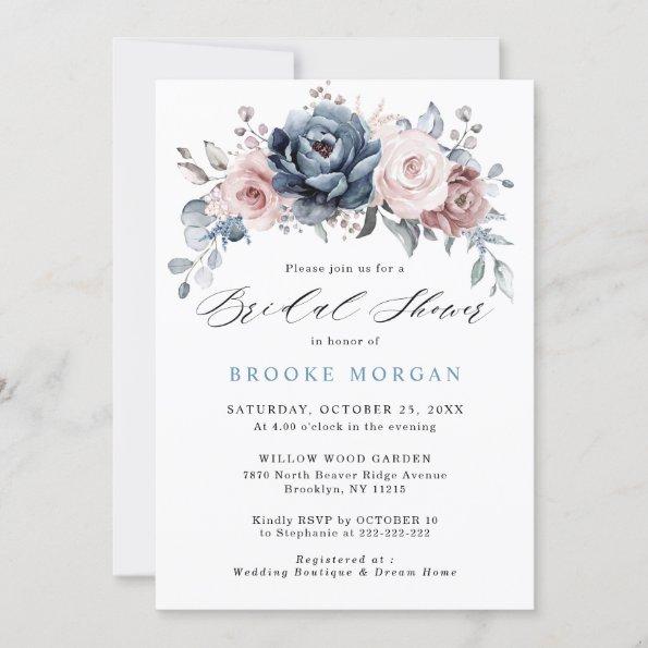 Dusty Blue Mauve Rose Pink Slate Bridal Shower Invitations