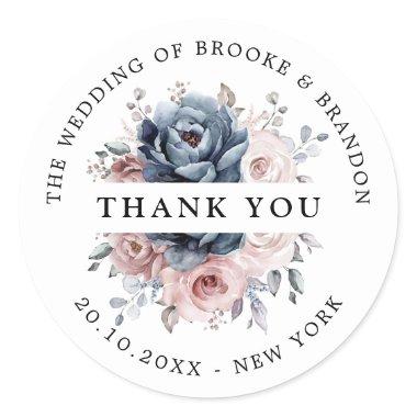 Dusty Blue Mauve Rose Pink Slate Floral Thank you Classic Round Sticker