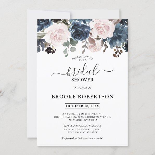 Dusty Blue Mauve Rose Slate Floral Bridal Shower Invitations