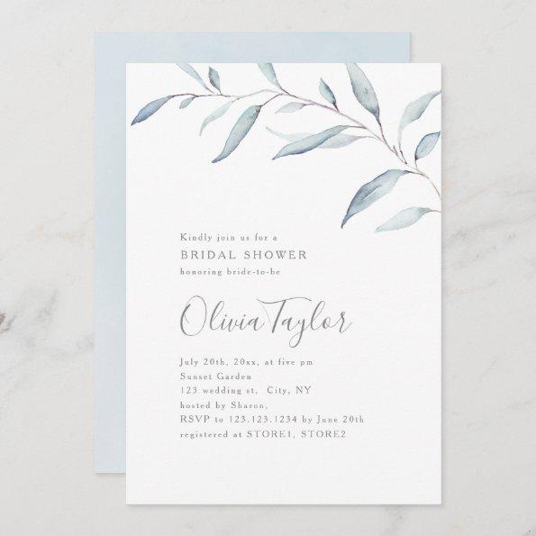 Dusty blue minimal greenery bridal shower Invitations
