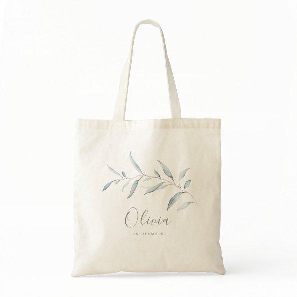 Dusty blue minimal greenery bridesmaid tote bag