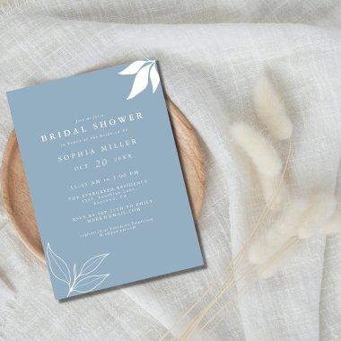 Dusty Blue Minimalist Branch Leaves Bridal Shower Invitations