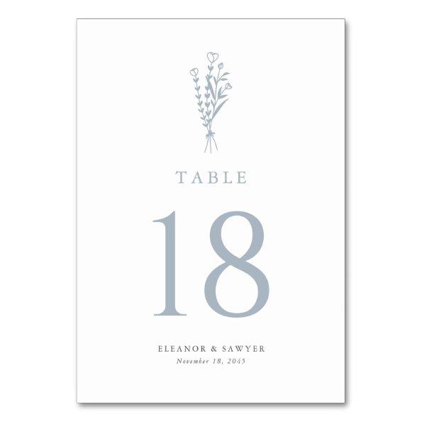 Dusty Blue Minimalist Floral Bouquet Wedding Table Number