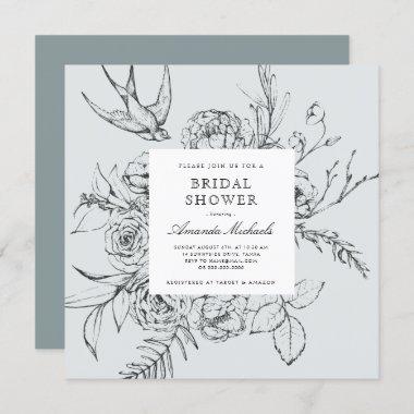 Dusty Blue Minimalist Floral Line Bridal Shower Invitations