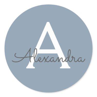 Dusty Blue Minimalist Modern Monogram Elegant Classic Round Sticker