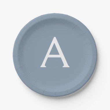 Dusty Blue Minimalist Modern Monogram Elegant Paper Plates