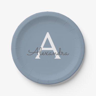 Dusty Blue Minimalist Modern Monogram Elegant Paper Plates