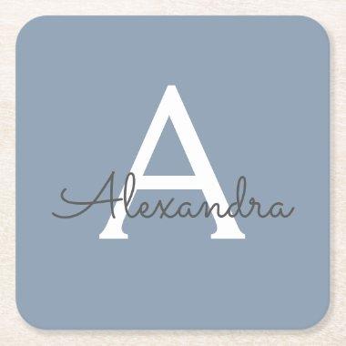 Dusty Blue Minimalist Modern Monogram Elegant Square Paper Coaster