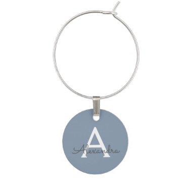 Dusty Blue Minimalist Modern Monogram Elegant Wine Charm