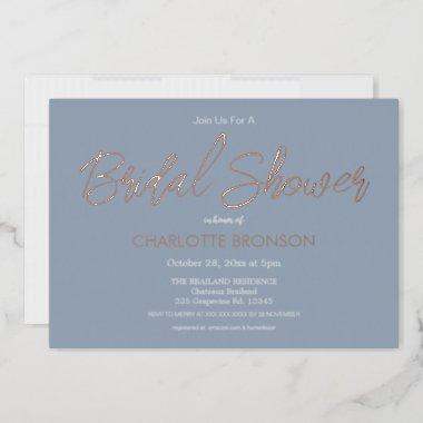 Dusty Blue Minimalist Script Bridal Shower Foil Invitations