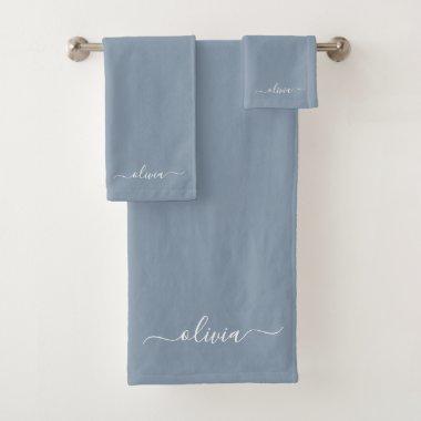 Dusty Blue Modern Script Elegant Monogram Name Bath Towel Set