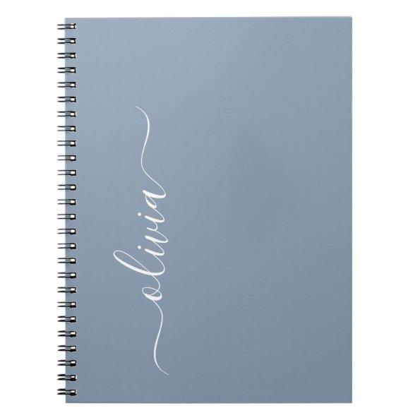 Dusty Blue Modern Script Elegant Monogram Name Notebook