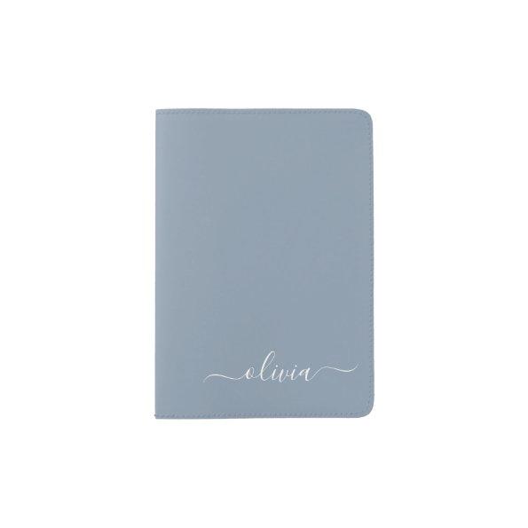 Dusty Blue Modern Script Elegant Monogram Name Passport Holder