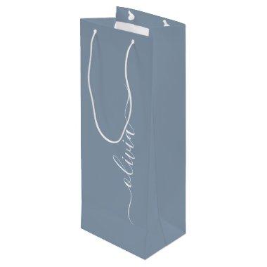 Dusty Blue Modern Script Elegant Monogram Name Wine Gift Bag
