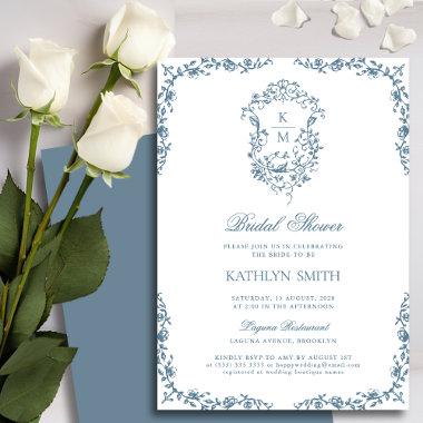 Dusty Blue Monogram Floral Vintage Bridal Shower Invitations