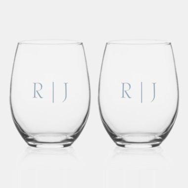 Dusty Blue Monogram Initials Minimal Wedding Stemless Wine Glass