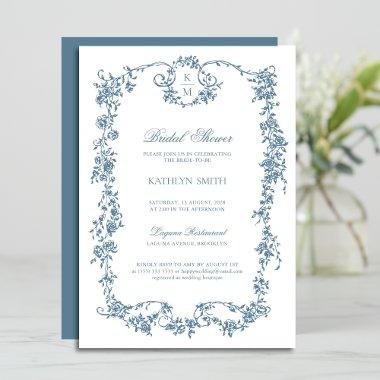 Dusty Blue Monogram Vintage Elegant Bridal Shower Invitations