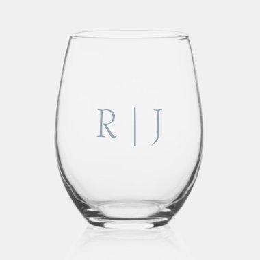 Dusty Blue Monograms Couple Name Minimal Wedding Stemless Wine Glass