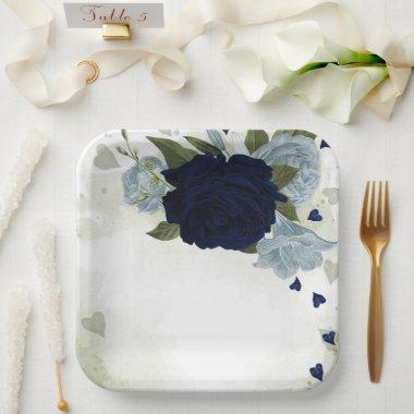 dusty blue & navy blue flowers greenery paper plates