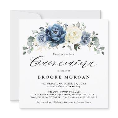 Dusty Blue Navy Champagne Ivory boho Quinceañera Invitations