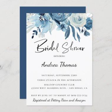 Dusty Blue Navy Floral Bridal Shower Invitations