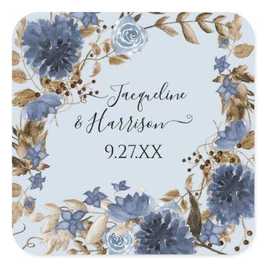Dusty Blue Navy Floral Watercolor Foliage Wedding Square Sticker