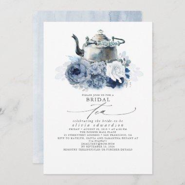 Dusty Blue Navy Flowers Elegant Bridal Shower Tea Invitations