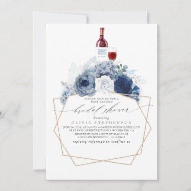 Dusty Blue Navy Flowers Wine Tasting Bridal Shower Invitations