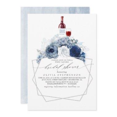 Dusty Blue Navy Flowers Wine Tasting Bridal Shower Invitations